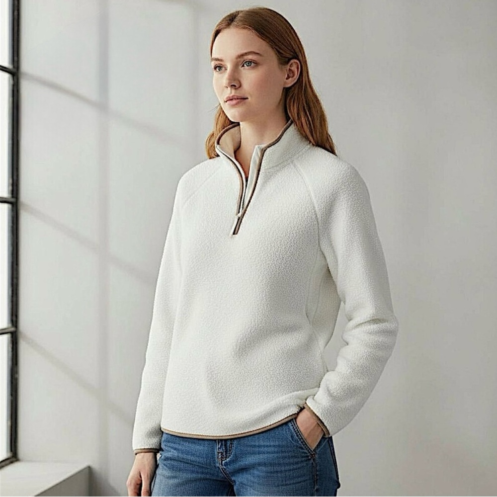 JCrew Oversize Winter White Sherpa Quarter-Zip Pullover with Tan Piping- NWT
